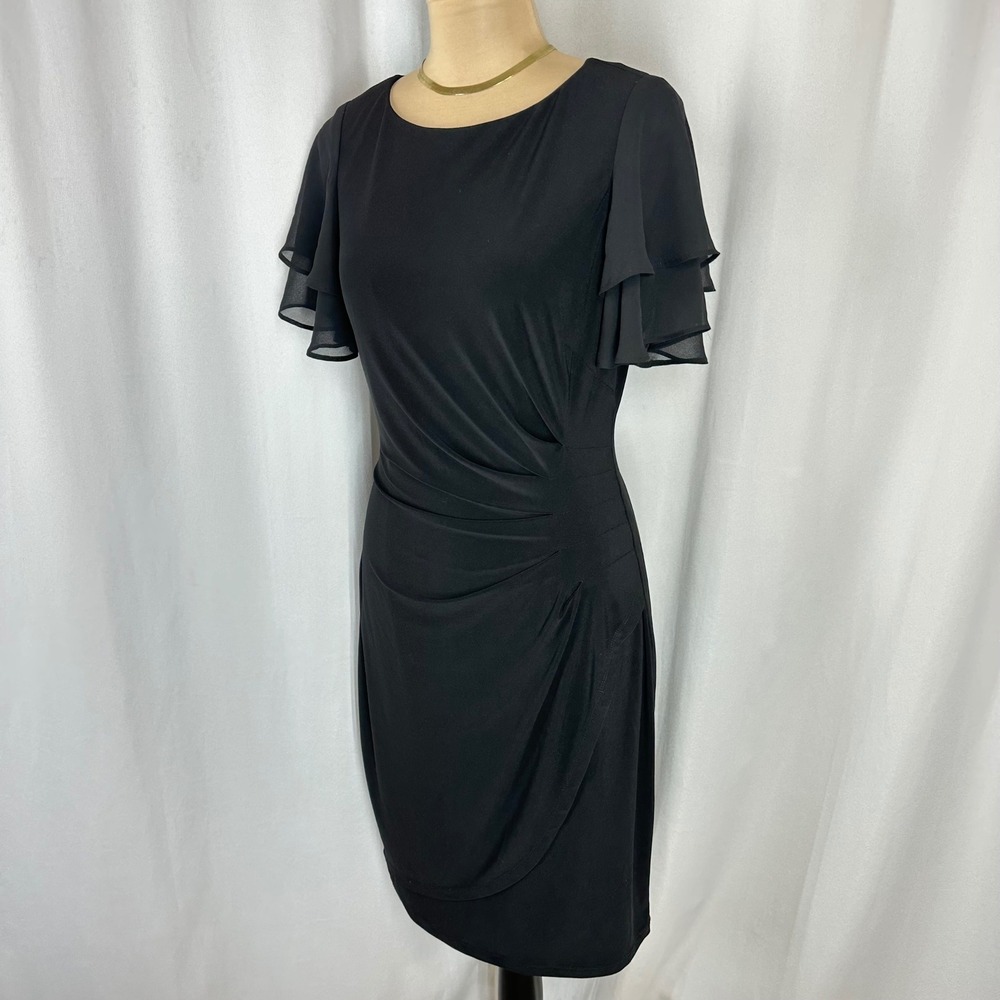 Jessica Howard Size 6 Black Ruched Sheath Dress Tiered Flutter Sleeve